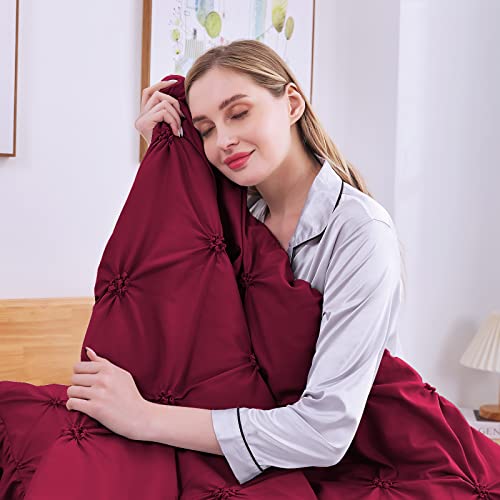 JOLLYVOGUE Dark Red Cal King Size Comforter Sets 7 Pieces, Pintuck Bed in a Bag Comforter Set for Bedroom, Bedding Comforter Sets with Comforter, Sheets,Ruffled Shams & Pillowcases