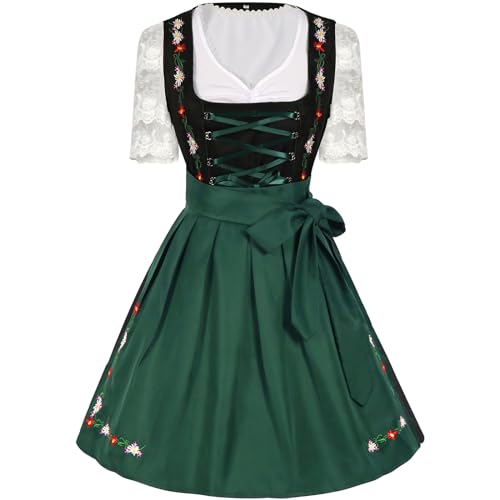 Fiamll Dirndl Damen Midi Trachtenkleid Damen Dirndl Kurz Set Dirndlbluse für Oktoberfest 3 Teilig Dirndlkleid, Bluse, Schürze Grün S