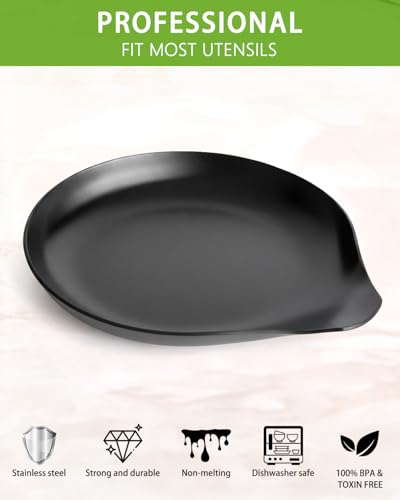 Image of VanlonPro Stainless Steel Spoon Rest, Spatula Ladle Holder, Stainless Steel Utensil Spoon Rest Holder, Brushed Finish, Dishwasher Safe 5.9 x 5.1 Inch (Round Black 1PC)