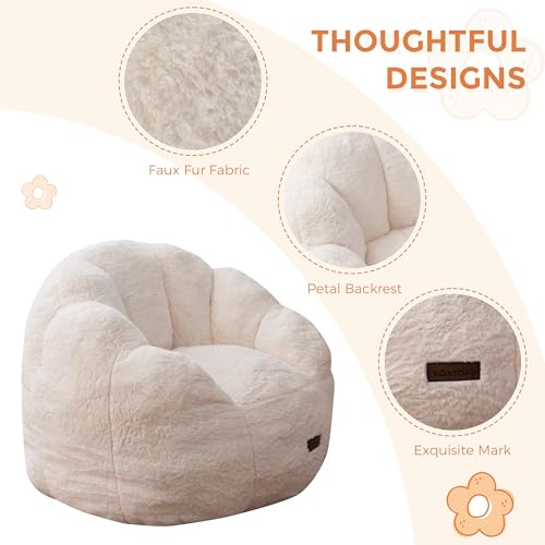 Image of MAXYOYO Kids Bean Bag Chair, Floral Shaped Bean Bag Sofa, Plush Faux Fur Toddler Couch with Petal Backrest for Boys Girls, Stuffed Cozy Sofa for Nursery, Bedroom, Beige