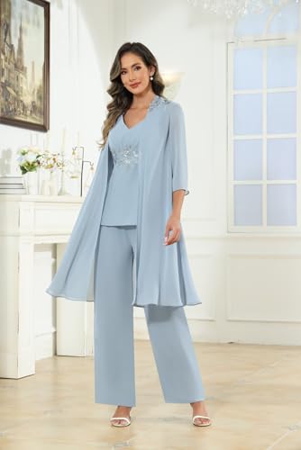 3 Pieces Mother of The Bride Pant Suits for Women Dressy Long Chiffon V Neck Formal Wedding Outfit with Jacket2