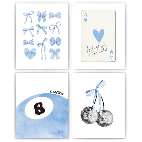 okaxscm Light Blue Coquette Trendy Preppy Wall Art Prints Set of 4, Coquette Preppy Room Decor, Blue...