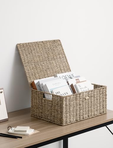 Image of StorageWorks Wicker Basket with Lid, Storage Baskets with Lids, Seagrass | Woven Baskets with Lids for Shelves, Wicker Storage Baskets with Lids, Lidded Baskets for Organizing, Large, 1 Pack