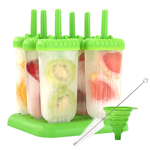 Popsicle Molds Set, Reusable Ice Pop Molds Tray for Homemade Popsicles - Set of 6 - With Silicone Funnel & Cleaning Brush,Dishwasher Safe-Green