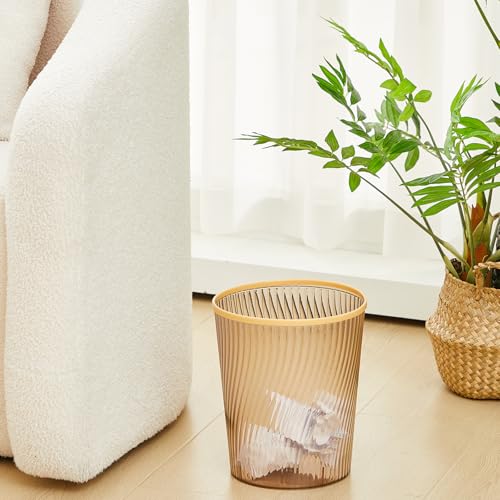 Image of Honeydak 4 Pack Gold Trash Can 3 Gallon Plastic Wastebasket Garbage Bin Round Translucent Lightly Threaded Large Capacity Modern 8.39 x 9.84 Inch for Bathroom Bedroom Kitchen Dorms Office Decorative