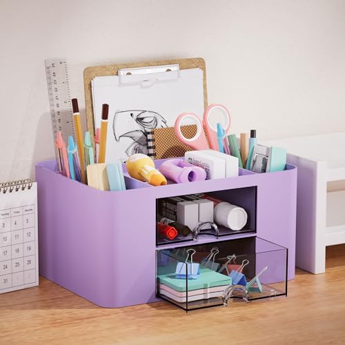 Image of Marbrasse Pen Organizer with 2 Drawer, Multi-Functional Pencil Holder for Desk, Desk Organizers and Accessories with 5 Compartments + Drawer for Office Art Supplies (Purple)