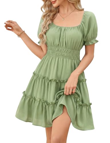 Beluring Kleider Sommer Damen Elegant Kurzarm Tunika Kleider Rüschensaum Minikleid mit Taschen (Bohnengrün L)