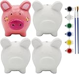 Creative Hobbies 4 Pack of Ready to Paint Ceramic Bisque Piggy Banks for Kids - Includes Paint, Brushes and How to Guide | Piggy Bank