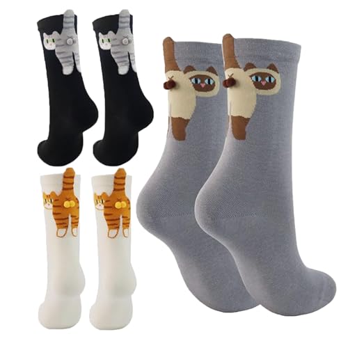 3 Pairs Cute Cat Socks with Balls Womens 3D Novelty Funny Animal Cat Cotton Crew Socks for Women Cats Lovers Birthday Graduation Gift