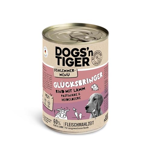 Dogs’n Tiger Adult Hundefutter, Glücksbringer, Hundenassfutter mit Rind, Lamm, Pastinake und Heidelbeeren - ohne Getreide, Zuckerzusatz, künstliche Konservierungsstoffe, 6X 400g