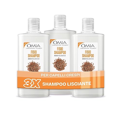 Omia, Champú Fisio Ecobio con Aceite de Semillas de Lino para Cabellos Encrespados, Alisador y Disciplinante, Champú para Lavados Frecuentes, Sin Siliconas ni SLES, 3 Botes de 200 ml