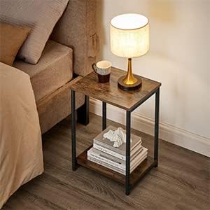 VASAGLE Side Table, Bedside Table, End Table with Storage Shelf, Steel Frame, for Living Room, Sitting Room, Bedroom, Industrial, Rustic Brown and Black LET271B01