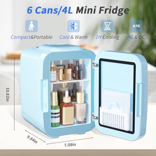 YASHE Skincare Fridge Mini Fridge for Bedroom with Dimmable LED Mirror, 4Liter/6 Cans Cooler and Warmer for Makeup, Cosmetic, Beauty, Portable Refrigerator for Bedroom, Vanity, Office and Car- Blue