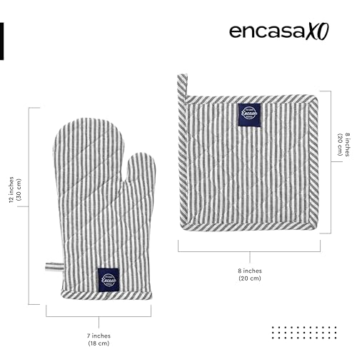 Image of Encasa XO Heat Resistant 100% Cotton Oven Glove & Potholder Set with Loop, Kitchen Cooking Mittens, Microwave Safe Hot Pads (Ticking Black)