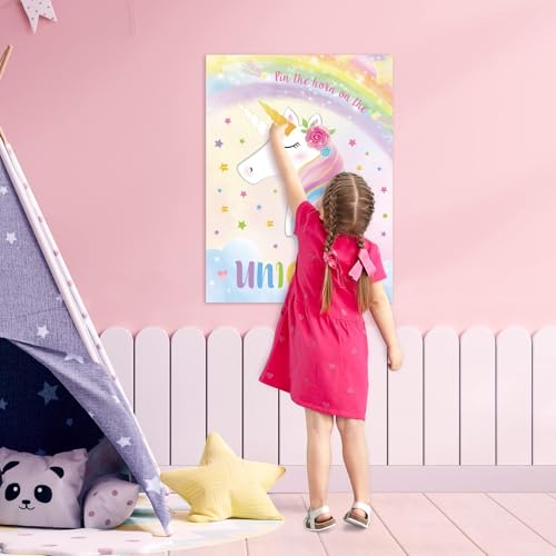 Image of WERNNSAI Pin The Horn On The Unicorn - Unicorn Birthday Decorations 21'' X 28'' Birthday Party Game with 24 Pcs Horns Stickers for Kids School Classroom Activities | Pin The Tail on the Unicorn,Girls Birthday Party Game,28 inch x 21 inch Poster with 24 Stickers and Blindfold