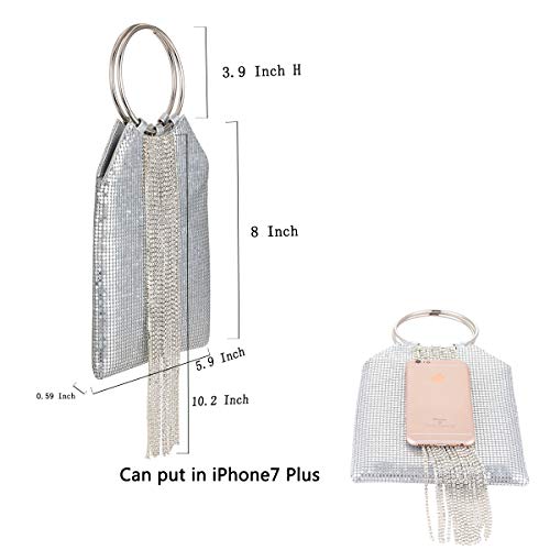 Image of Wrist Handle Cocktail Party Wedding Evening Clutch Crystal Rhinestone Tassels Tote Handbag Metal Mesh Evening Bag