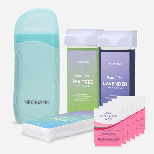 NEOMANN Roll on Wachs Roller Kit für Haarentfernung mit Tea Tree, Lavender | 50 Stück Wachsstreifen für Haarentfernung - Torquoise mit 6 Nachwachsbehandlungen