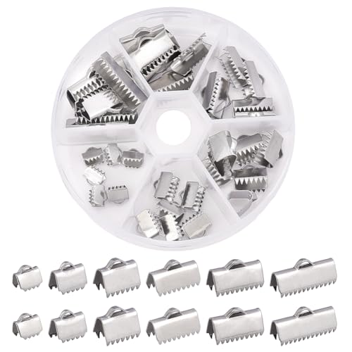 PH PandaHall 36 Pcs 304 Stainless Steel Ribbon Bracelet Bookmark Pinch Crimp Clamp End Findings Cord Ends Fasteners Clasp Leather Crimp Ends 6 Sizes 6.5-20mm for Jewelry Making