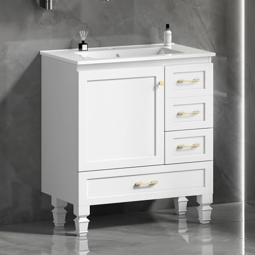 30" Bathroom Vanity with Sink - Single Sink Vanity Cabinet with Soft-Close Door &amp; 3 Drawers (White)