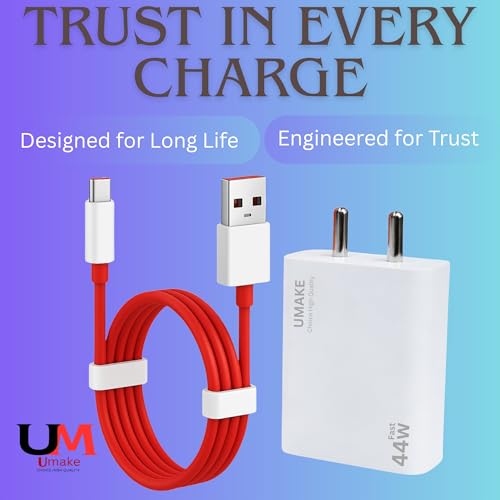 Image of Umake 44W Quick Charge 3.0 Wall Charger with USB-A to Type-C Cable, High-Speed Charging Adapter Compatible with VOOC, Warp & Dash Supported Devices BIS Certified