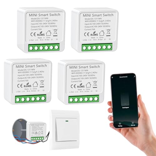 4 Pack Mini Smart Relay Switch Module Compatible With Tuya App Alexa and Google Home - DIY WLAN Smart Life Switch Neutral Conductor Required