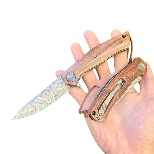 Obespina Couteau Pliant Poche Damas luxe Acier 67 Couches VG10 Damascus Lame Tranchante Manche Bois Collection Cadeau Fête Père Homme edc Clip Linerlock Edc Artisanat Suminagasi San Maï