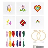 10 Pack Embroidery Starter Kit, Kids Cross Stitch Kit, Cross Stitch Kits for Beginners, 6 Embroidery Patterns, 2 Hoops, 6 Colorful Threads, 6 Needles, Instructions, Creative Gift for Children 8-15