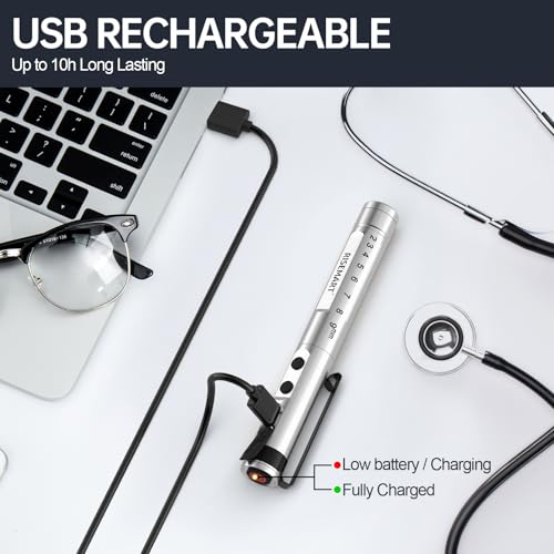 Diagnostikleuchte, Wiederaufladbare LED Pupillenleuchte mit USB-Kabel, Warmes/Kühles Weiß & Stufenlose Dimmung, Tragbare Aluminium Medizinische Pupillenleuchte mit Clip(Sliber)