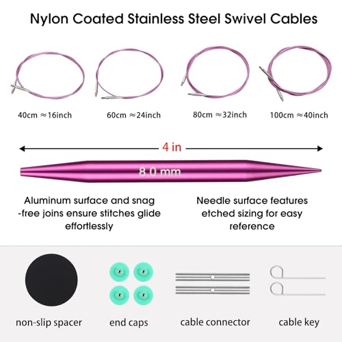 Image of Guclud 4-Inch Interchangeable Circular Knitting Needles Set | US 2.5-15 (3.0-10.0mm) | 13-Pair of Metal Circular Needles | 4 Cables (16 inch, 24 inch, 32 inch, and 40 inch), Accessories & Case