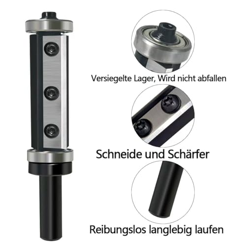 GLRYD Bündigfräser 8mm Schaft, 50mm Schnittlänge, D=16mm, 2-Schnittflächen Wendeplatten Hartmetall, mit Kugellager Oben und Unten, für Holzbearbeitung Flächenbündig/Kopierfräsen/Kantenbearbeitung