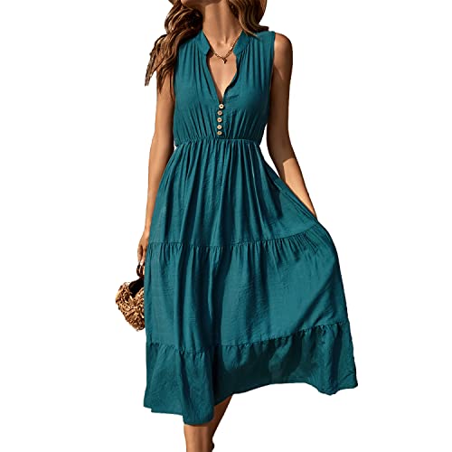 Image of BROVAVE Womens 2026 Summer Sleeveless Shirt Dress Collar Striped V Neck Casual Midi Dresses