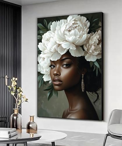 Toile femme noire aux fleurs blanches imprimée sur châssis de qualité