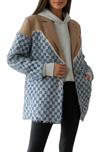 Vaceky Oversized Denim Blazer Women Patchwork Checkered Notched Lapel Jean