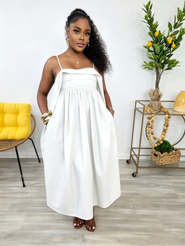 Image of YUEWOO Midi Dresses for Women Casual Summer Sundresses Vacation Outfits Spaghetti Strap Smocked Women Maxi Dress with Pockets