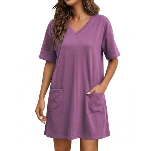 Marvmys Women Cotton Nightgowns Oversized Short Sleeve Lounge Dress Soft Comfy Nightshirts with Pockets Sleepwear S-2XL Medium Dark Purple