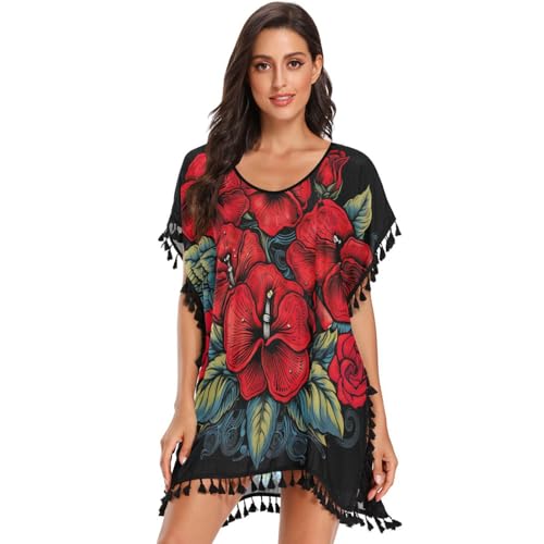 Red Petunia Flower Black Art Women's Beach Cover Up Chiffon Tassel Swimwear Swimsuit Coverups for Girl