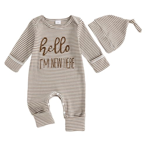 Image of Fernvia Newborn Baby Boy Clothes Letters Print Bodysuit 3 6 9 12 18 Months Long Sleeve Jumpsuit with Hat 2PCS Outfits Set