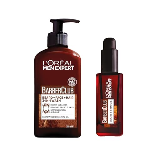 L’Oréal Men Expert Barber’s Bundle Gift Set for Men, 3-In-1 Beard, Face & Hair Wash 200ml & Beard & Skin Oil 30ml, Barber Club Duo with Cedarwood Essential Oil, for All Beard and Skin Types