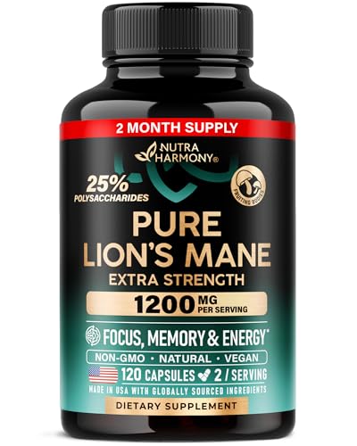 Lions Mane Supplement Capsules - for women & Men - Organic Lions Mane - Fruiting Bodies Extract - 1200 mg, 25% Polysaccharides - Memory & Focus Support - As Lions Powder - 120 Capsules, 2 Month Supply