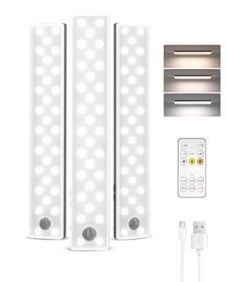 EZVALO 62 LEDs Under Cabinet Lighting, 2000mAh LED Closet Lights with Remote 3 Color Temps, Rechargeable Motion Sensor Lights Indoor Battery Operated, Wireless Under Counter Lights for Kitchen 3 Pack