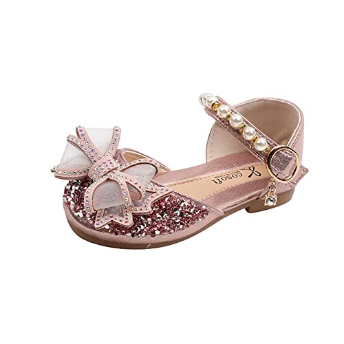 Girls Sandals Glitter Bowknot Pearl Strapped Princess Closed Toe Party Wedding Flats Shoes for Toddler/Little/Big Kid
