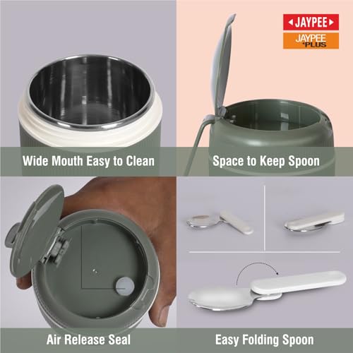 Image of JAYPEE SoloMeal PUF Insulated Inner Stainless Steel Food Jar with Foldable Spoon|Hot /Cold Meal Jar for Kids|Office Women |Men|Food Storage Traveling Box Light Weight |Scratch Resistant|500 ml, Green
