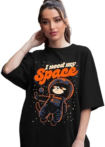 LEOTUDE Womens Loosefit Oversized Round Neck Cottonblend Half Sleeve T-Shirts (GRL_FS49_BOSTN_NVVY_P_Black_M)