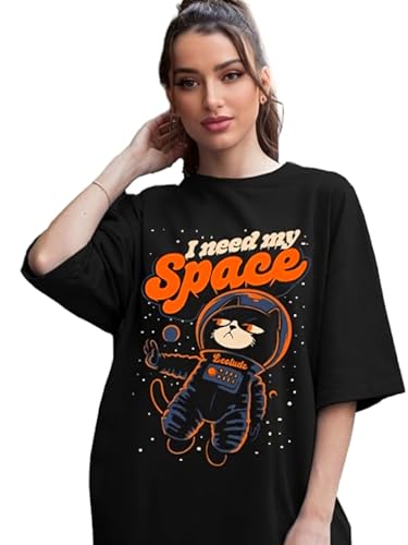 Image of LEOTUDE Women Cottonblend Drop Shoulder Oversized Round Neck Half Sleeve