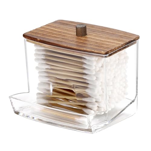 Image of Tbestmax 10oz Qtip Holder Dispenser with Black Wood Lids, Big Cotton Swab Holder Bathroom Accessories Organizer for Storage-Qtips Cotton Ball, Floss Container