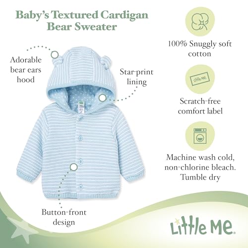 Little Me Baby Cardigan with Textured Bear Design, 100% Cotton Knit, Soft Infant Sweater for Boys and Girls, Sizes 3M-9M3
