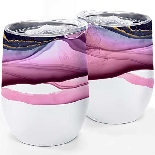 12 Oz Marble Pattern Insulated Wine Tumbler With Lid - Stainless Steel Outdoor Wine Glass - Unique Birthday Christmas Gifts For Her Women Best Friends #TOP1