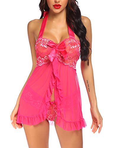 Avidlove Babydoll Lingerie for Women Honeymoon V Neck Chemise Sexy Exotic Open Front Negligee Rose Red lingerie