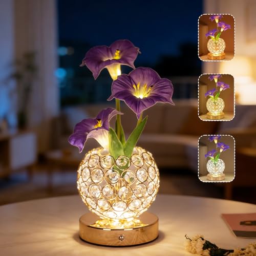 Lampe De Table Fleurs, 3 Couleurs Lampe De Chevet Tactile en Cristal avec Vase à Intensité Variable,Lampe de Bureau Rechargeable Sans Fil,Cadeau Romantique...