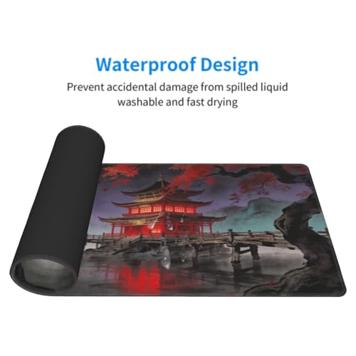 Image of Black Red Teal Japanese Mouse Pad 31.5x11.8 XL Anime Mountain Lake Pavilion Tree Extended Large Mousepad Keyboard Mouse Mat Desk Pad with Non-Slip Rubber Base Stitched Edges for Home Office Game
